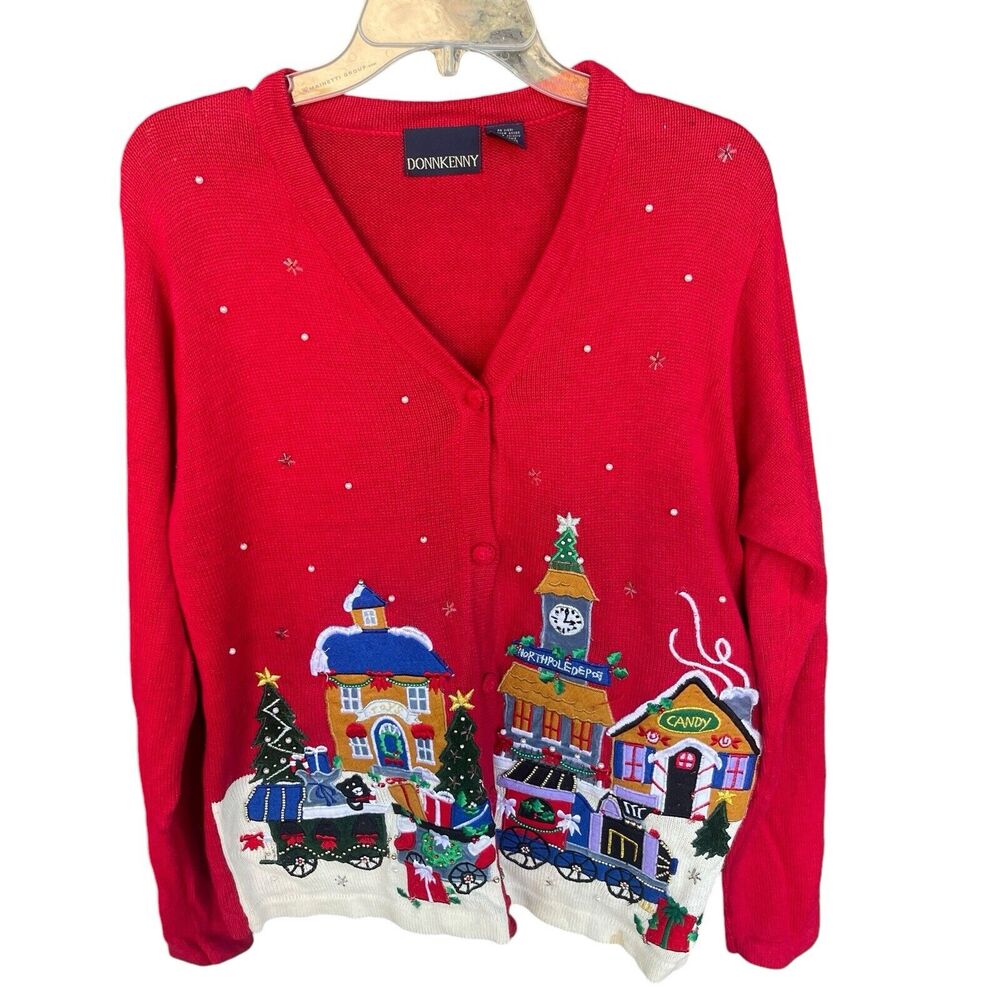 Vintage DonnKenny Christmas CardiganSweater Women Medium Embroidered Ramie Train